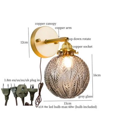 Vintage etched grey glass led wall lamp with leaf etchings and brass copper mount for bedroom decorbites grey glass sconce