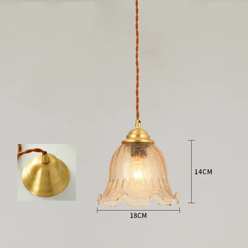 Vintage floral cracked glass pendant light with amber textured bell-shaped shade and brass hardware for living room decorbites cracked glass