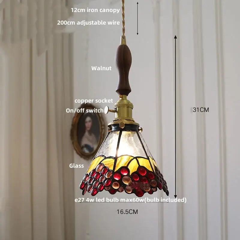 Vintage floral stained glass brass pendant lamp with walnut canopy and conical grape-patterned shade for dining room decorbites glass brass pendant