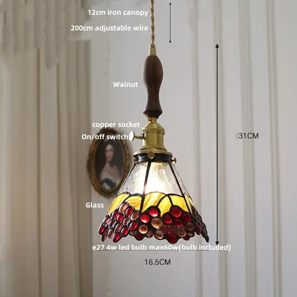 Vintage floral stained glass brass pendant lamp with walnut canopy and conical grape-patterned shade for dining room decorbites glass brass pendant