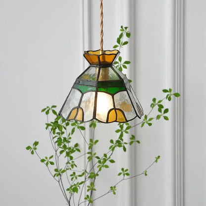 Vintage floral stained glass brass pendant lamp with amber green clear panels and dark lead lines for dining room decorbites glass brass pendant