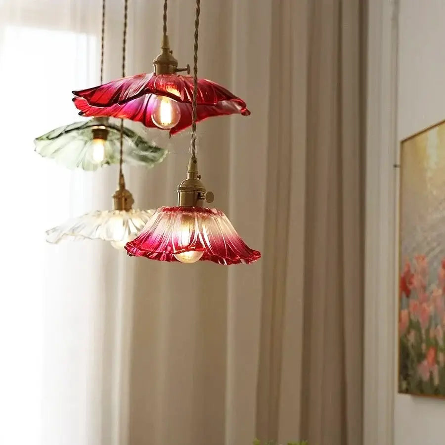 Vintage flower glass pendant light dining room trio with three hanging glass pendant lights in red green and clear colors