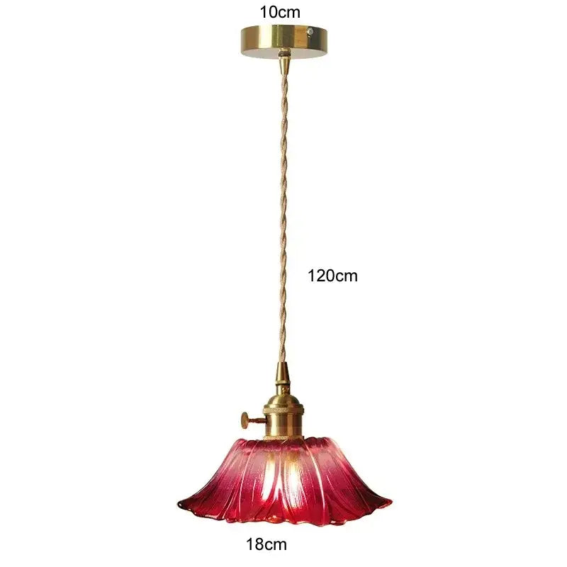 Vintage flower glass pendant light with brass ceiling mount and hand-blown red glass shade for dining room use