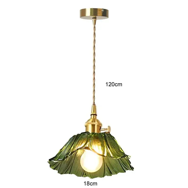 Vintage flower glass pendant light with olive-green glass petals and brass frame for dining room use