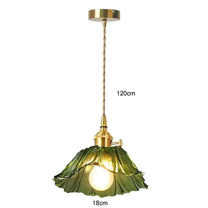 Vintage flower glass pendant light with olive-green glass petals and brass frame for dining room use