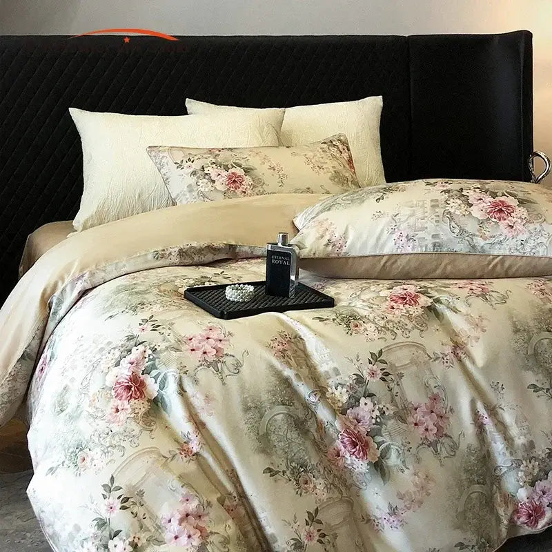 Elegant cream satin bedding set with vintage flowers print featuring soft pink and muted green blossoms