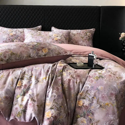 Luxurious cream satin bedding set with vintage flowers print in mauve blush pink and pale yellow hues for bedroom use