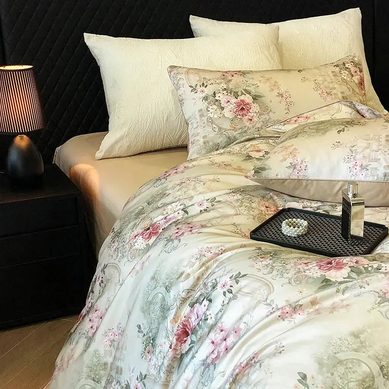 Elegant cream satin bedding set with vintage flowers print featuring soft pink and muted green blossoms for bedroom use