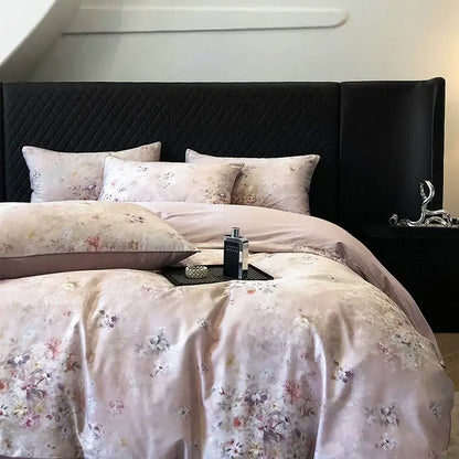 Pink floral satin duvet cover set with matching pillows featuring vintage flowers print cream satin bedding set