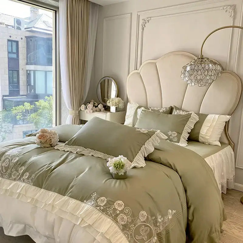 Vintage french bedding set in olive green satin with cream lace ruffles and delicate embroidery patterns