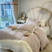 Beige and cream lace-trimmed vintage french ruffles bedding set with embroidered floral details for bedroom decor
