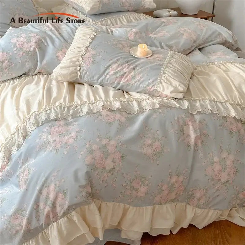 Light blue bedding set with delicate pink roses and cream ruffles elegant decorbites french floral design