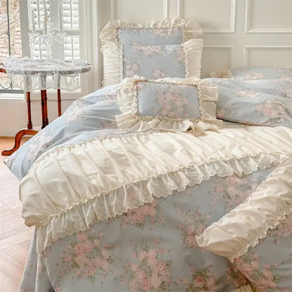 Pastel blue french floral bedding set with cream ruffled trim and lace detailing from decorbites french floral collection