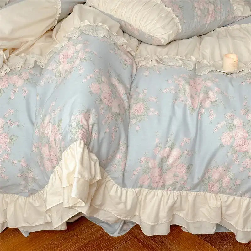Light blue bedding set with pink roses green leaves and cream ruffled trim from decorbites french floral collection