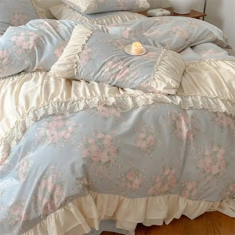 Pastel blue decorbites french floral bedding set with cream ruffles and lace trim for vintage french floral decor