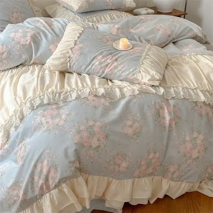 Pastel blue decorbites french floral bedding set with cream ruffles and lace trim for vintage french floral decor