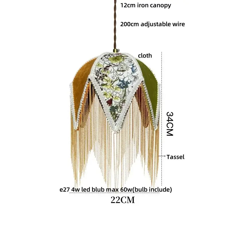Vintage french floral pendant lights with olive cream fabric canopy gold fringe tassels and decorbites iron tassel led design