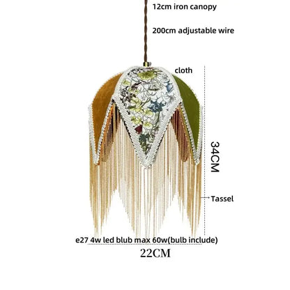 Vintage french floral pendant lights with olive cream fabric canopy gold fringe tassels and decorbites iron tassel led design