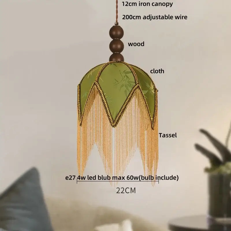 Vintage french floral iron tassel led pendant lights with green fabric shade bamboo patterns and gold tassels decorbites iron tassel