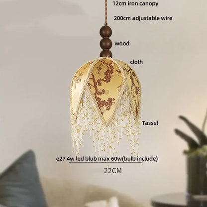 Elegant gold-toned vintage french floral iron tassel led pendant lights with intricate embroidery and wooden bead accents