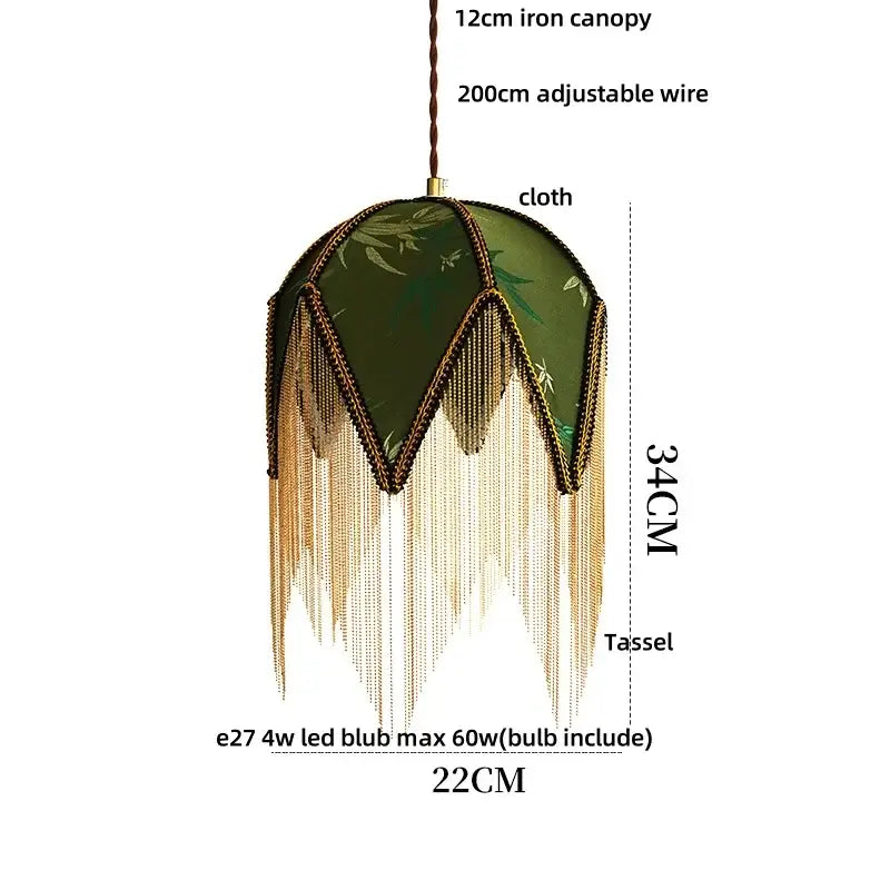Elegant olive-green fabric pendant lights with gold-toned decorbites iron tassel trim and cascading tassels for bedroom decor