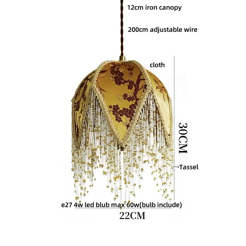 Gold-colored fabric pendant lights with intricate brown floral embroidery and decorbites iron tassel led details for bedroom decor