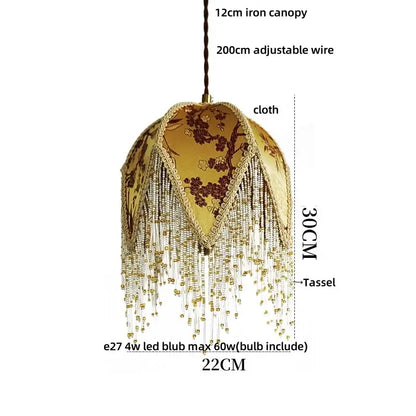 Gold-colored fabric pendant lights with intricate brown floral embroidery and decorbites iron tassel led details for bedroom decor
