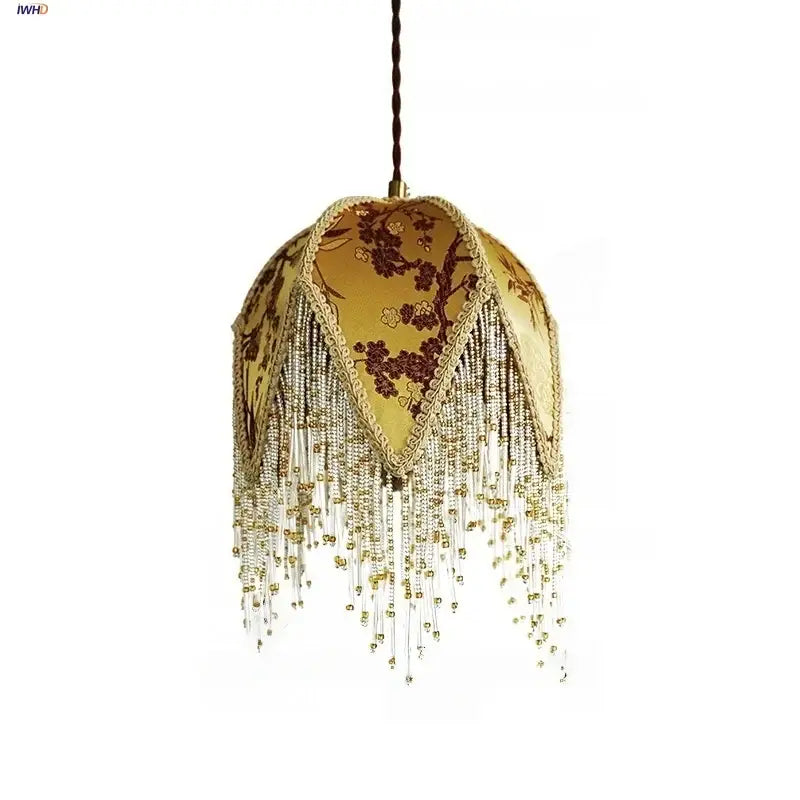 Golden silk pendant lights with intricate brown floral embroidery and iron tassel led decorbites accents for bedroom decor