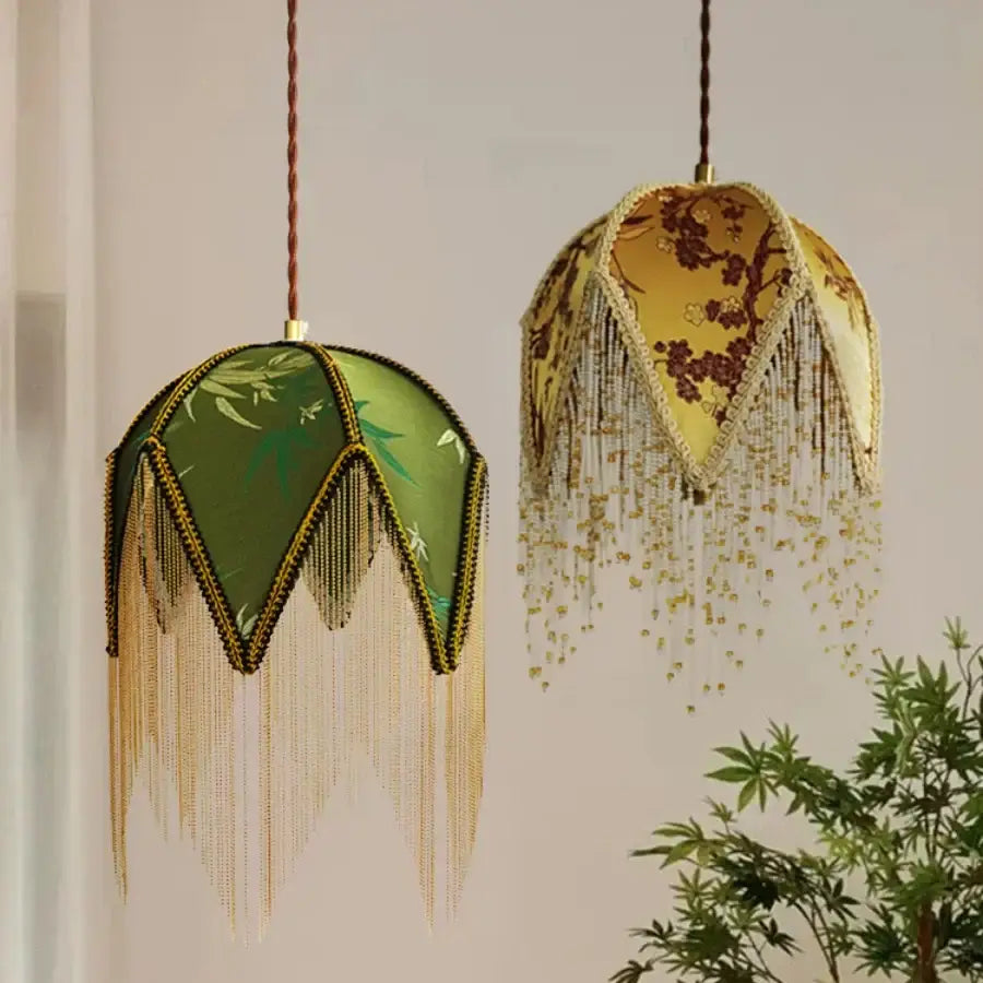 Two vintage French floral iron tassel led pendant lights with green bamboo and yellow brown floral decorbites iron tassel shades