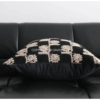 Black velvet decorative cushion cover with intricate cream embroidered checkered patterns vintage french sunflower design