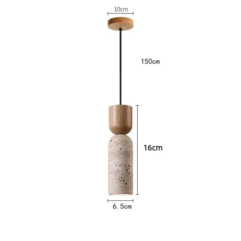 Vintage french pendant light with natural wood ceiling cap black cord and stacked wood and stone cylindrical shades