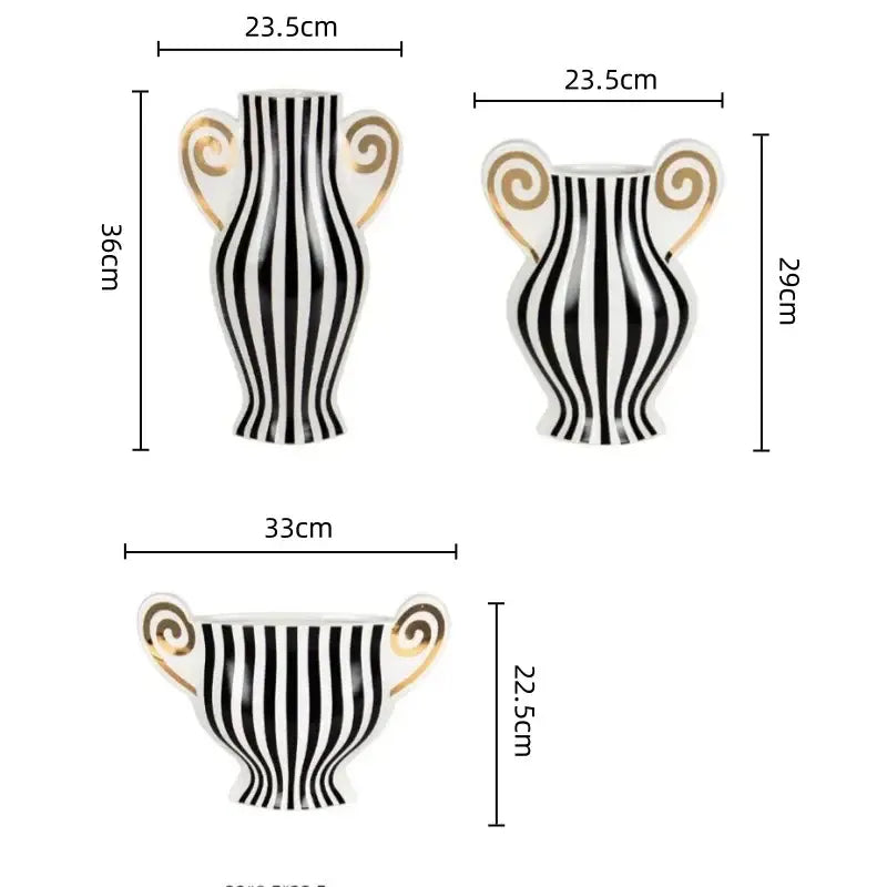 Black and white striped ceramic vase with gold scroll handles vintage geometric fringe decorbites ceramic vase for living room decor