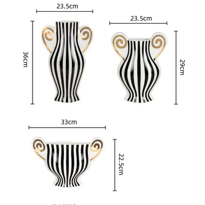 Black and white striped ceramic vase with gold scroll handles vintage geometric fringe decorbites ceramic vase for living room decor