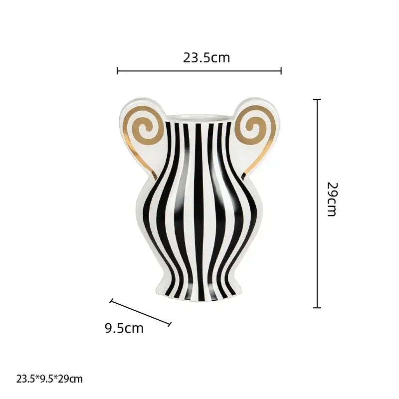 A sleek white ceramic vase with geometric fringe black vertical stripes and gold spiral accents for decorbites decor