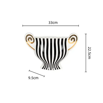 Vintage geometric fringe ceramic vase white with black stripes and gold spiral handles for living room decor by decorbites