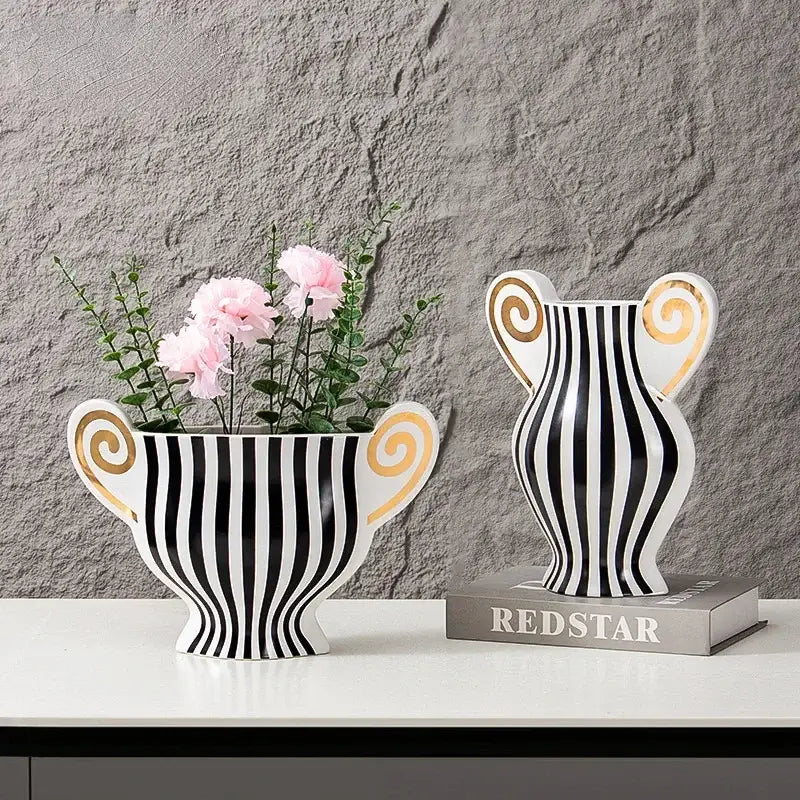 Black and white geometric fringe ceramic vase with gold spiral handles for living room decor by decorbites geometric fringe