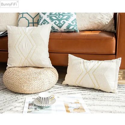 Cream-colored cushion cover with subtle gold geometric embroidery for decorbites geometric ivory vintage decor