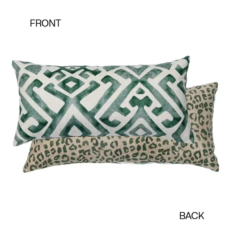 Rectangular bolster pillow case with green and white geometric front and beige leopard print back for bedroom decor