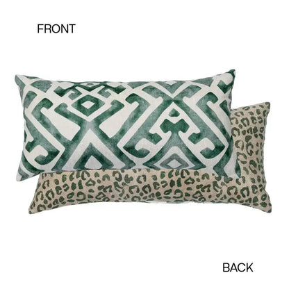 Rectangular bolster pillow case with green and white geometric front and beige leopard print back for bedroom decor