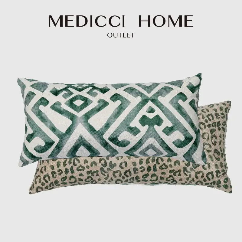 Rectangular bolster pillow case with green white geometric pattern and beige leopard print from medicci home outlet