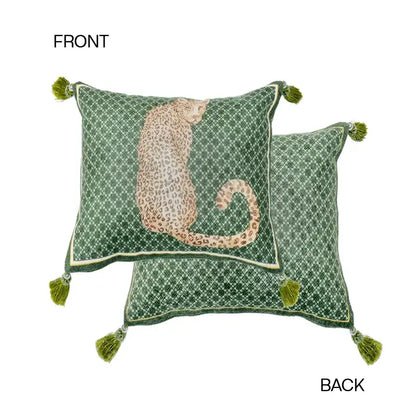 Green bolster pillow case with beige leopard embroidery and tassels for vintage geometric bedroom decor