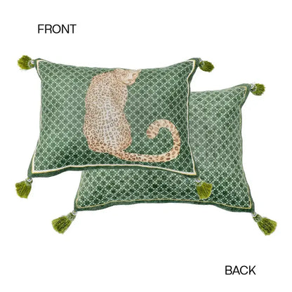 Green bolster pillow case with beige leopard embroidery and olive green tassels for bedroom decor