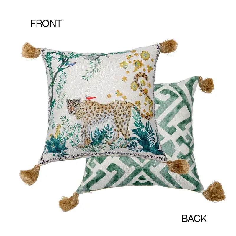 Square bolster pillow case with leopard illustration front and green geometric pattern back with tan tassels for bedroom decor
