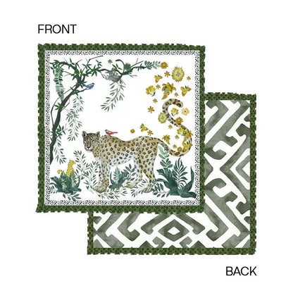 Square silk bolster pillow case with detailed leopard watercolor and green geometric pattern for bedroom decor