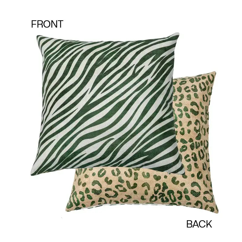 Square throw pillow with bold green and white zebra print front and tan base with dark green leopard spots back bolster pillow case