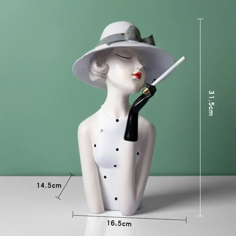 White ceramic vintage glamour resin bust of woman with polka dot hat and glove for decorbites elegant living room decor