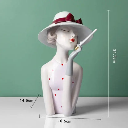 White ceramic resin bust of a woman in a red bow hat and polka dot dress for decorbites elegant living room decorbites elegant high-level