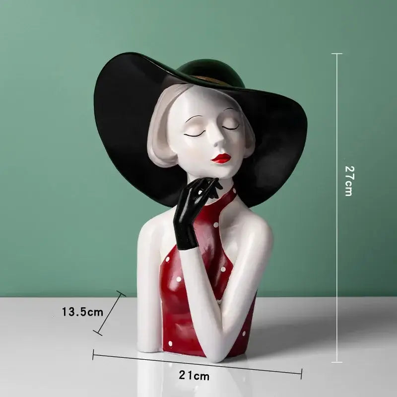 A glossy ceramic vintage glamour resin bust in red and white with black hat for decorbites elegant living room decorbites high-level