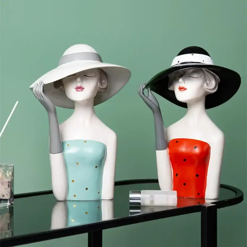 Two ceramic resin busts of women in stylish hats red and white decorbites elegant for living room decorbites elegant high-level