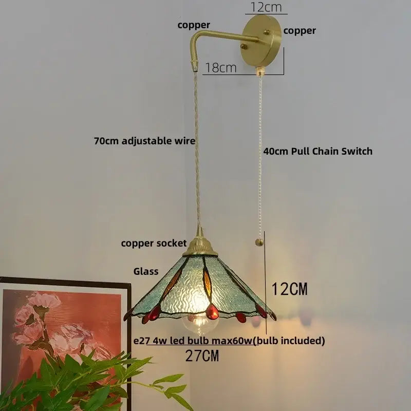 Vintage glass brass led wall sconce with pull chain featuring tiffany-style copper and stained glass shade decorbites glass brass